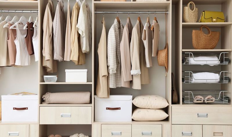 Begehbarer Kleiderschrank mit sortierter Kleidung in Naturtönen